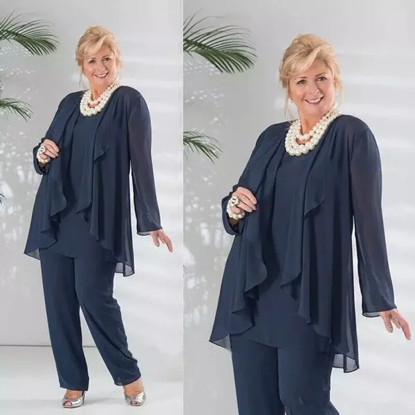 Dark Navy Three Pieces Chiffon Mother of the Bride Pant Suits With Long Sleeve Jacket Pants Suit Plus Size Wedding Guest Dress
