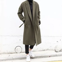 Новая зимняя мужская мода свободный шерстяной Тренч Верхняя одежда кашемировое пальто длинный дизайн армейское зеленое шерстяное пальто певица костюмы