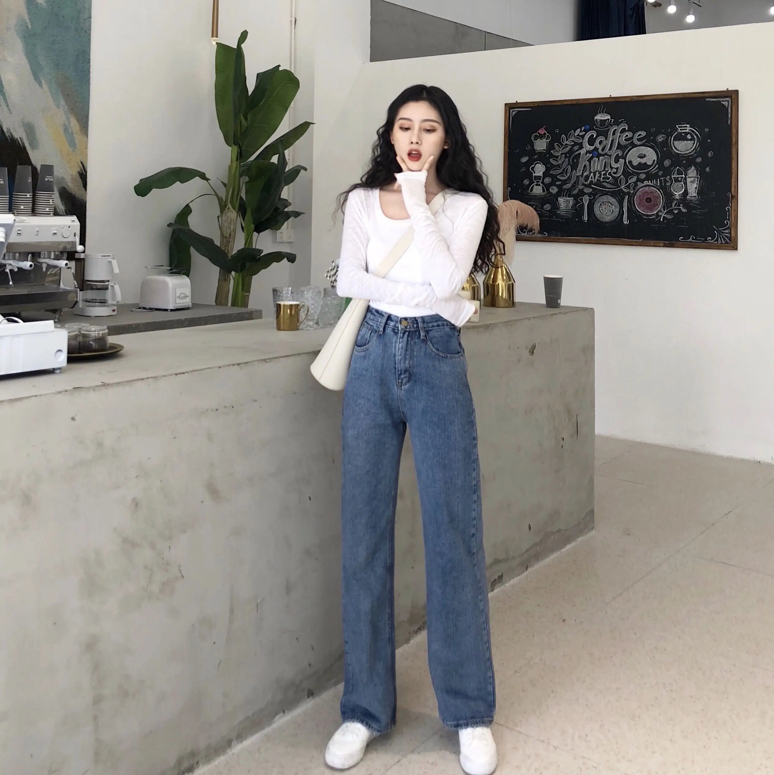 

Pengpious autumn new denim pants for fashion girls high waist cotton jeans for tall lady vintage washed