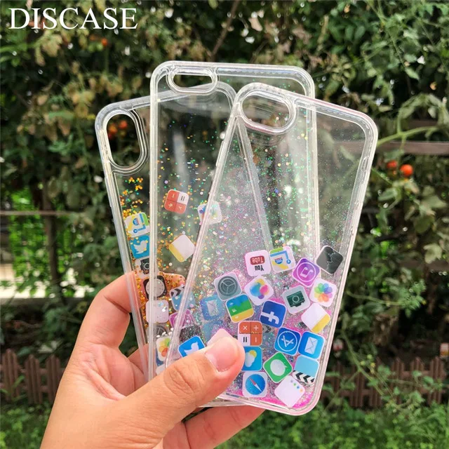 

DISCASE Stylish Funny Mobile App lication Icons Phone Case For iphone X XS MAX 8 7 6 6s plus Dynamic Liquid Quicksand Back Case