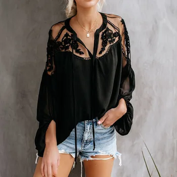

Chiffon Lace Lantern Sleeve Women's Shirt V Neck Black Sexy Transparent Female Summer Blouses 2020Fashion White Casual Tops