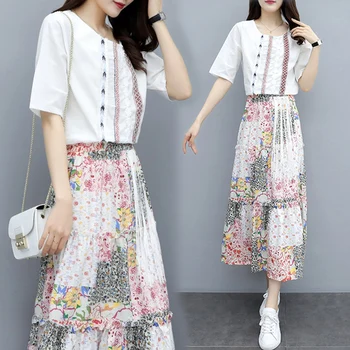 

Fashion Women's Summer Suit Floral Print Skirt Set Elegant Jupe Femme Skirts Womens Conjunto Feminino Year-old Female Costume