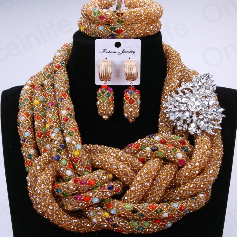 Conjunto de joyería nupcial de lujo para mujer, juego de joyas de cuentas africanas de Color dorado, conjunto de collares nigerianos con Pin de hoja de envío gratis|luxury bridal jewelry sets|african