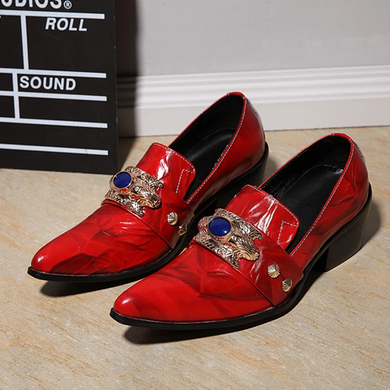 Luxury Genuine Leather Wedding Shoes Slip On Diamond Gold Metallic Toe