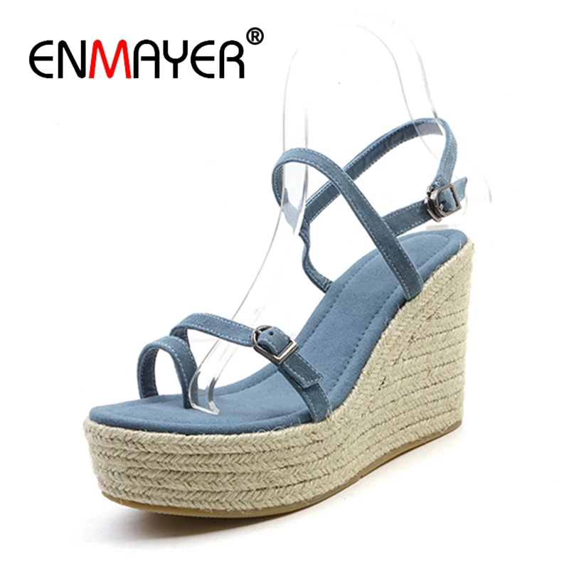 

ENMAYER Buckle Strap Casual Solid Sandalias De Mujer Verano 2019 Wedge Sandals Shoes Women Size 34-39 ZYL2543