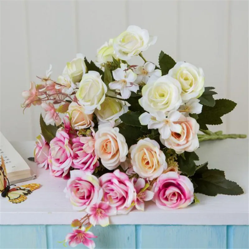 ARTIFICIAL SMALL ROSE BOUQUET BURGUNDY AND PINK 7 STEMS PER BUNCH