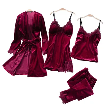 

Dark Red Spring velvet Strap Top Pants Suit Pajamas 4PC Sleepwear Sets Womens Home Wear Nightwear Kimono Robe Bath Gown Bathrob