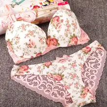 Women Sexy Print Bra Set Silk Lace Flower Push up Big Size Underwear Bowknot Bra and Hollow out Panties Vintage Lingerie Set