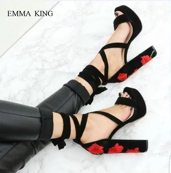 

New Rome Style Embroider Platform Gladiator Sandals Woman Square High Heels Popular Summer Sandalias Mujer Party Shoes Woman