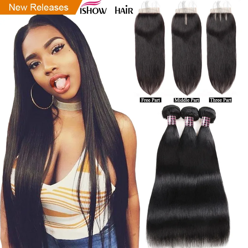 comprar Ishow Cabelo Pacotes com Fecho de 100% Feixes de Cabelo Humano Em Linha Reta com Fechamento Tecer Cabelo Brasileiro Empacota com Fechamento Remy Não
