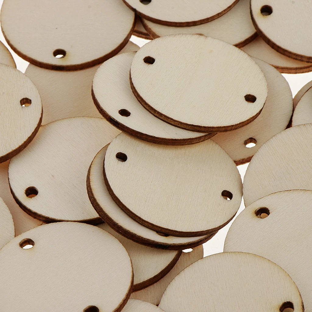 200 Pieces Round Wood Pieces, Wooden Circles Discs WITH HOLES for Home Decorations DIY Crafts Supplies, 35 X 2 mm