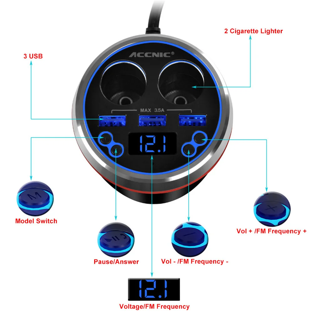 Accnic C1 3.5A 3 USB Car FM Transmitter Cigarette Lighter MP3 Player Adapter Hands free Wireless Bluetooth Radio Receiver|fm transmitter|car fm
