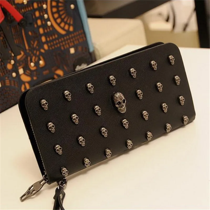  2016 Hot Sale Women Wallets Metal Skull Wallet Card Purse Leather Wristlet Portefeuille Handbags Carteira Feminina 