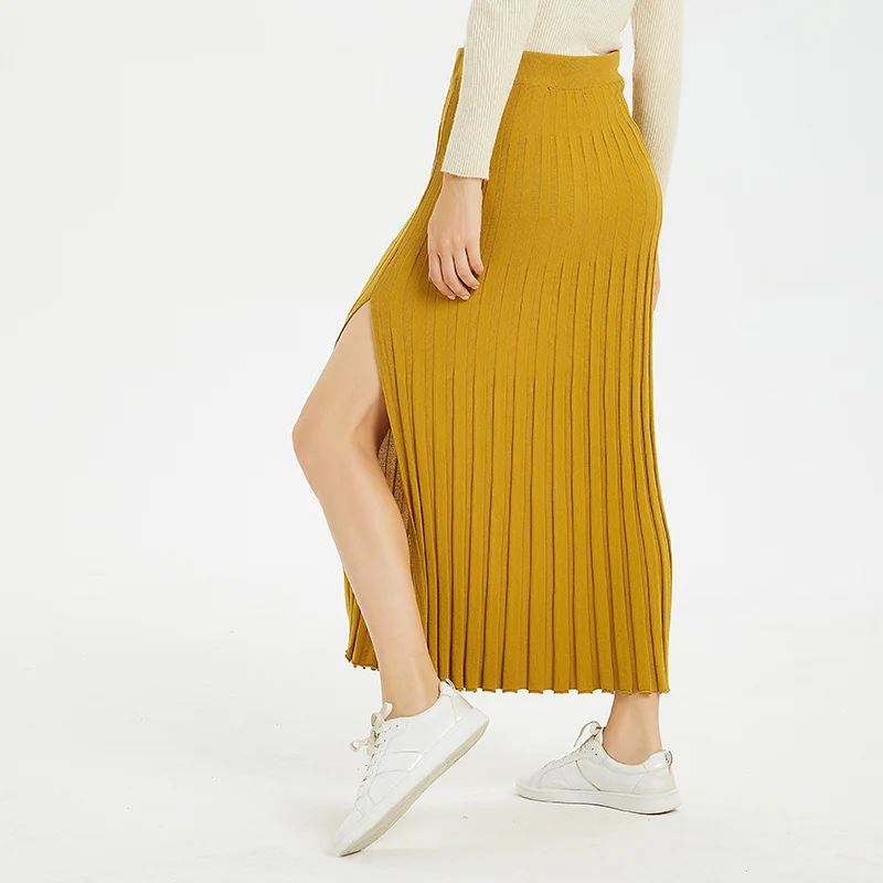 2019 Women Autumn Long Skirts Streetwear Straight Ankle-Length Empire Knitting Cotton Yellow Color Side Cut Lady Pleated Skirt