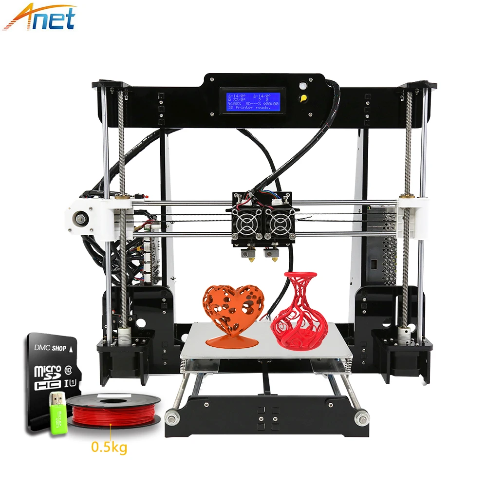 

Anet A8M 3D Printer Kit Dual Print Head Large Build Size DIY Desktop Multi-color Filament with SD Card Heated Bed Free Filament