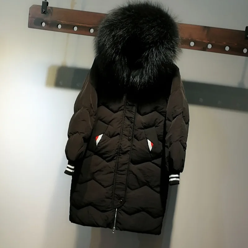 

Large Natural Raccoon Fur Jacket Winter Women Duck Down Long Parkas Female Slim Hooded Pockets Thick Warm Down Coat