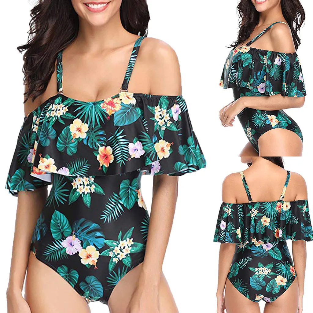 

KLV 2019 TOP Women One Piece Vintage Off Shoulder Flounce Bathing Suit Beachwear Bikini Padded Swim Wear 5.17