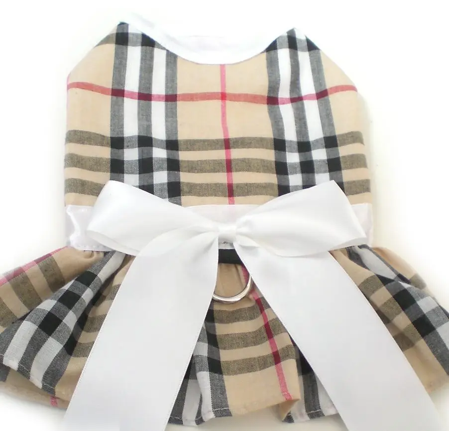 Pet Dog Apparel Clothes Clothing Beige Plaid Harness Dress XXS XS S M L