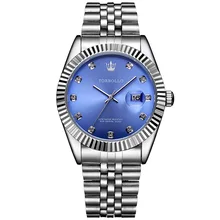 TORBOLLO Brand New Quartz Watch Men Silver Blue Date Analog 3ATM Waterproof Mens Wrist Watch relogio masculino With original box