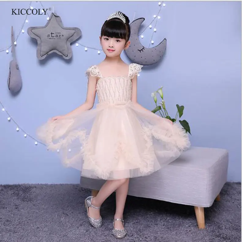 

KICCOLY 2018 Summer Fashion Champagne Hand-beaded Baby Girls Dress Children Princess Wedding Party sleeveless TuTu Dresses 2-12T