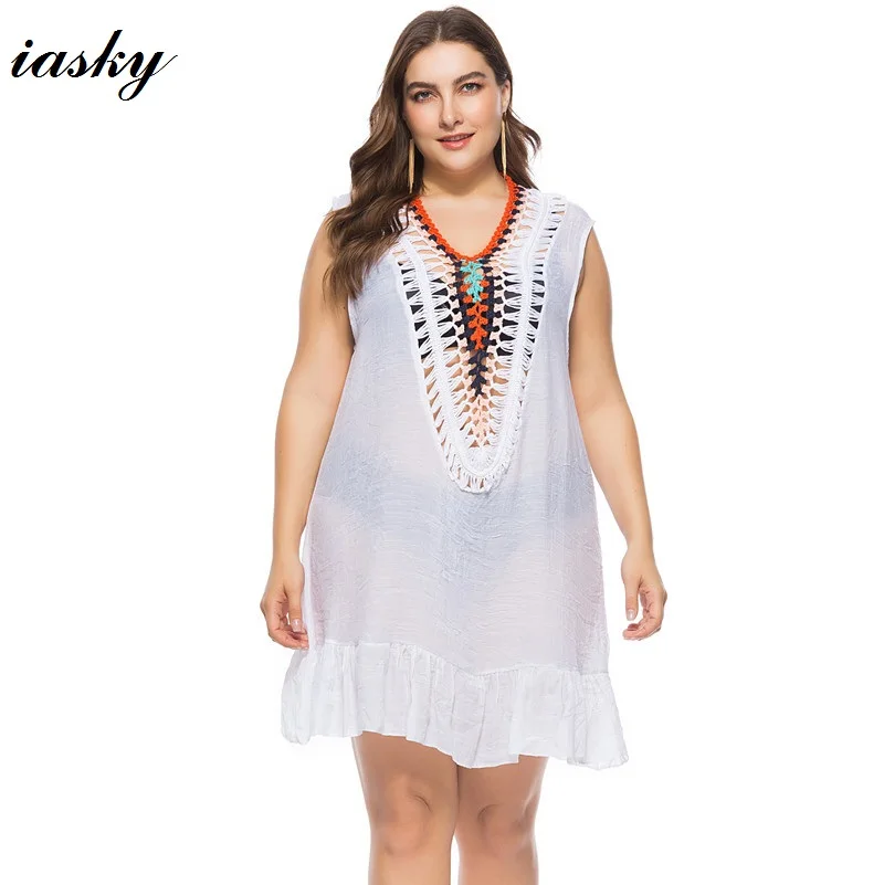 

IASKY 2018 New plus size Cover up Swimwear Women Cover ups Beach Dress Tunic Crochet Bathing Suit Cover ups Pareo de plage
