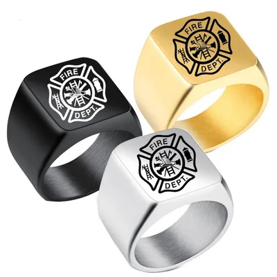 

GELICITY Black&Silver&Gold Titanium Steel Bridgewater Fire Ring 1PC Male Allion Firefighter Coast Guard Fireman Rings For Man