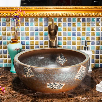 

China Artistic Handmade Counter top Basin Sink Handmade Ceramic Bathroom Vessel Sink Vanities european bathroom sinks brown