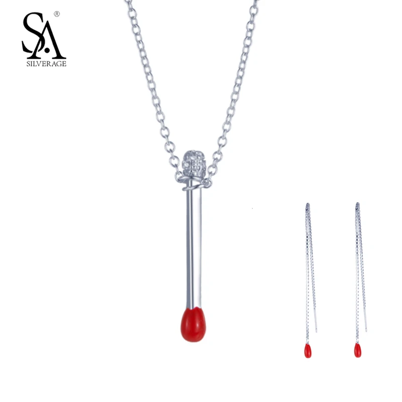 

SA SILVERAGE Sterling Silver 925 Set Match Stick Pendant Necklace And Earrings Set Real Silver Jewelry Women Accessory