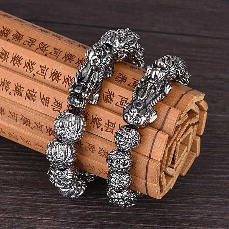 

Dragon Head Men Bracelet For Man Silver Hand Skewers Male Female Retro Money Lion Buddha Hand Skewers Solid Couple Bracelet