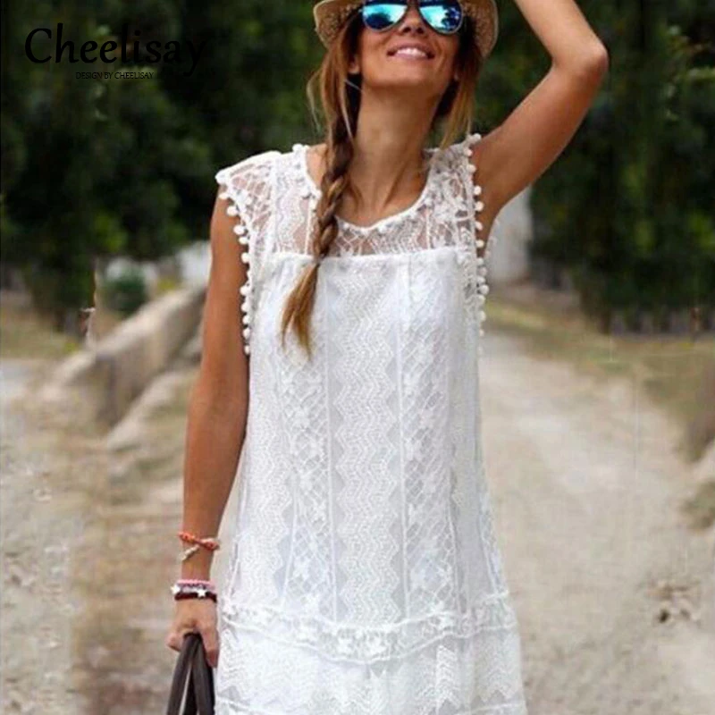 

2019 Women Summer Dress White Lace Elegant Sleeveless Sundress Loose Fashion Party Dress Vestidos Plus Size 5XL female Fashion