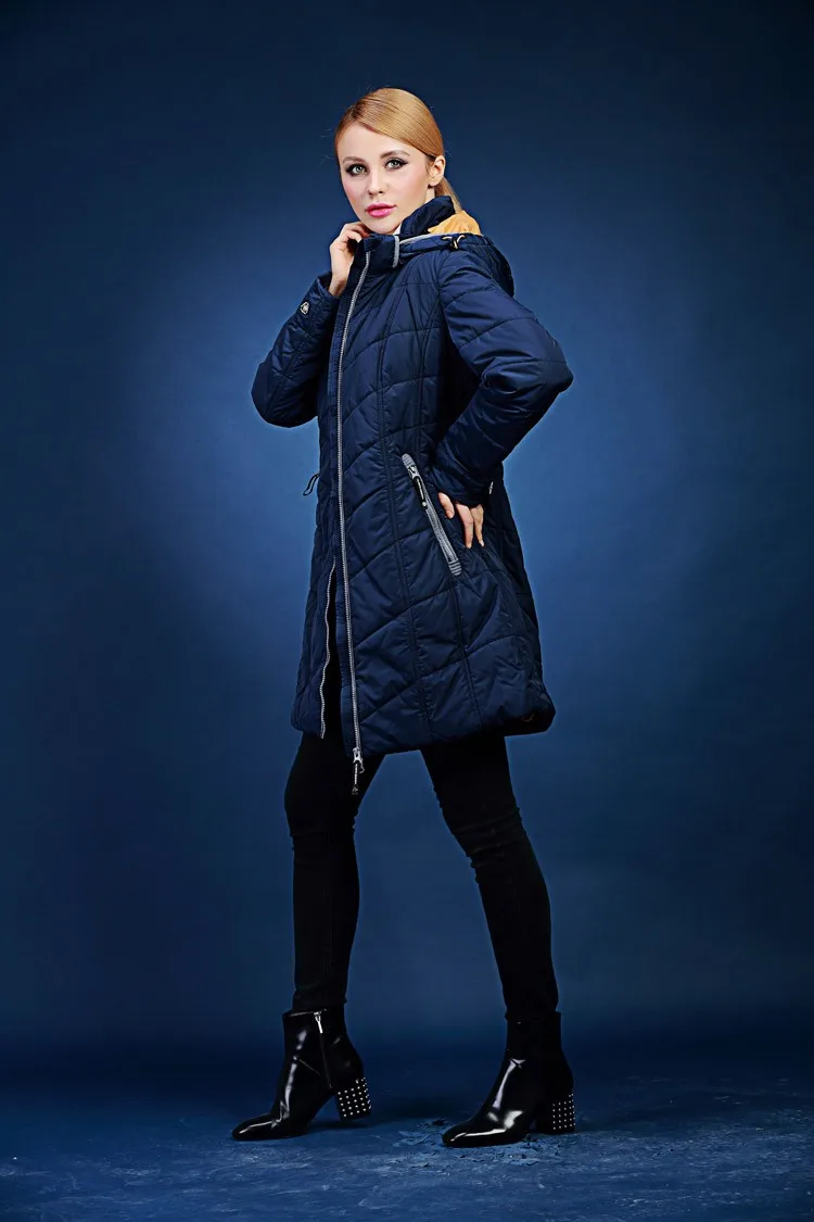 Европейская зимняя куртка женская одноцветная свободная с капюшоном Длинная синяя хлопковая куртка размера плюс 48-62 VLC-V510