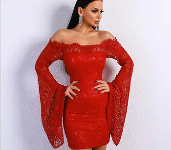

Slash Neck Flare Sleeve Sexy Dress Elegant Women Fashion Celebrity Nightclub Party Mini Bodycon Red Lace Dresses