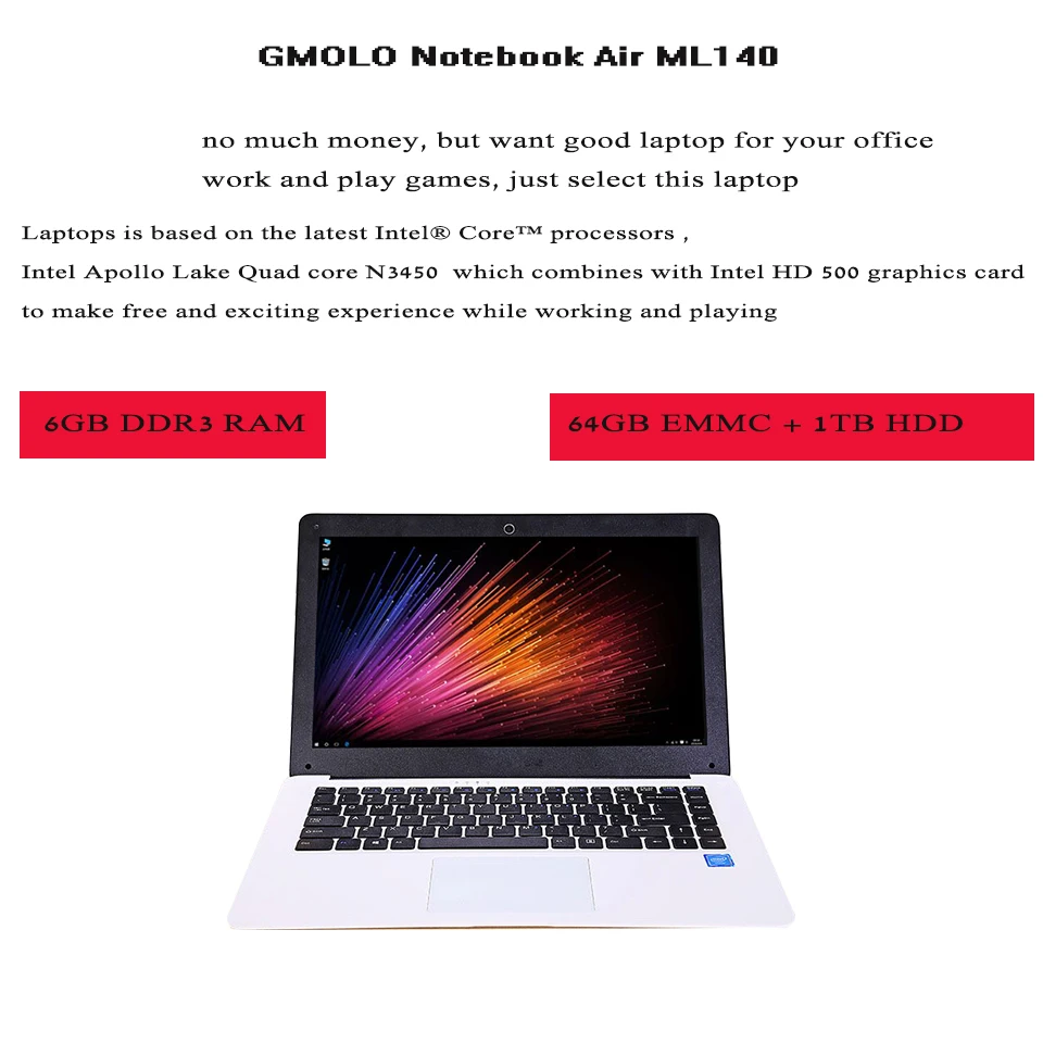 GMOLO 14-дюймовый ультрабук ноутбуки Intel N3450 четырехъядерный процессор 6 ГБ RAM64GB EMMC SSD 1 ТБ HDD HDMI камера планшет на Windows 10