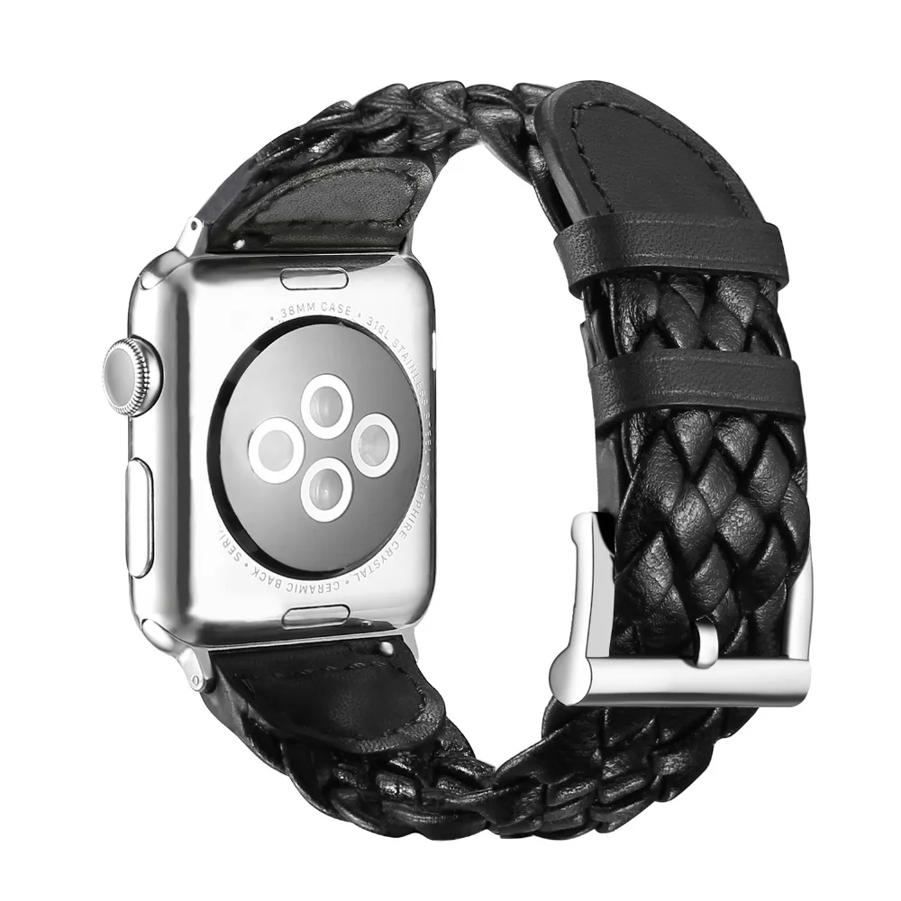Тканый ремешок для часов из натуральной кожи Apple Watch 42 мм 38 3 2 1 Черный Сменный iWatch