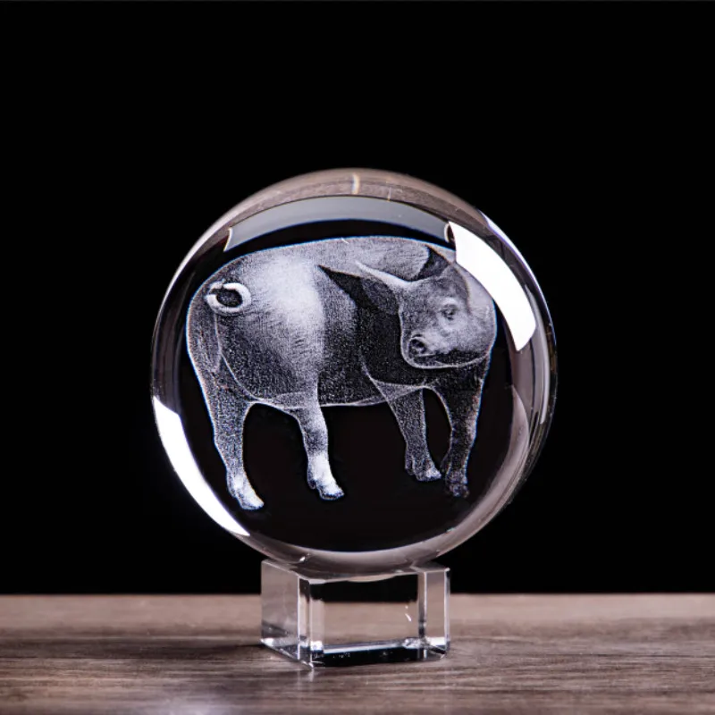 Статуэтки свинки зодиака 3D с лазерной гравировкой статуя животных свинки хрустальный стеклянный шар Новые Домашние художественные сувениры для коллекционирования подарок - Цвет: Ball and Base