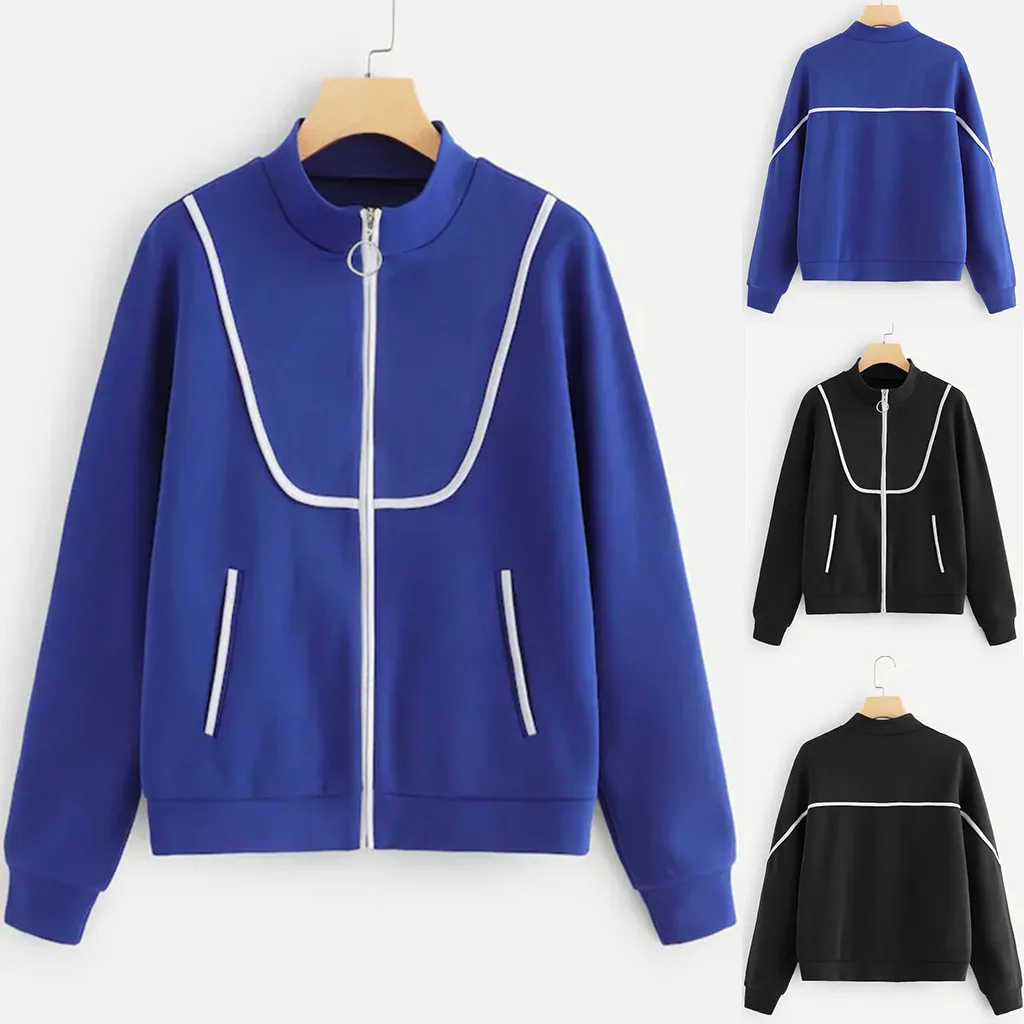 

Coat 2019Top Women's Casual Long Sleeve Collision Strip Long Sleeve Pure Outwear
