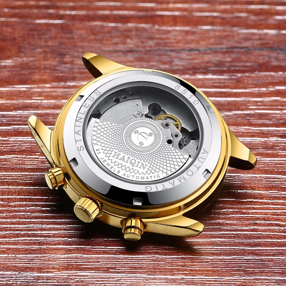HAIQIN Men Watch Luxury Bussiness Automatic mechanical Watch men Leather Waterproof Male Wristwatch Calendar Self-winding Clock 