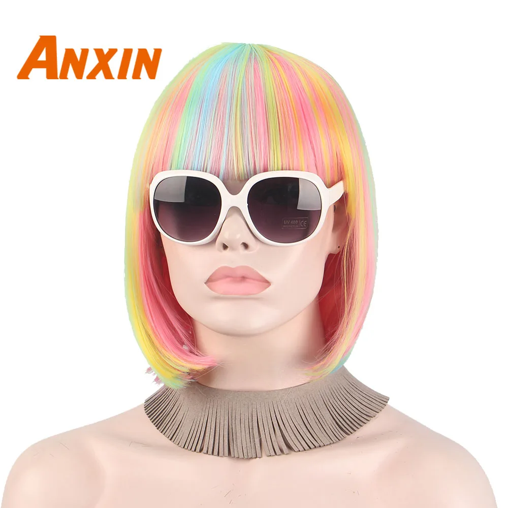 

Anxin Bob Short Straight Hair With Bangs Green Yellow Blue Pink Colorful Mixture Multicolored Wigs Cosplay Costume Halloween