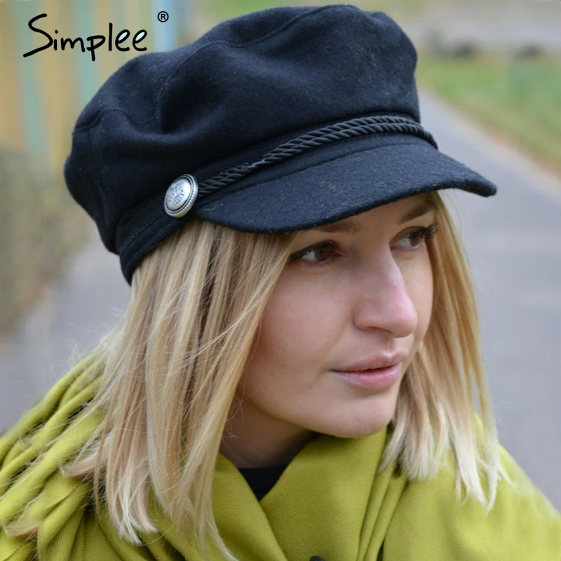 Simplee Fashion black hat cap women Casual streetwear rope flat cap Elegant solid autumn winter warm beret hat female 2017