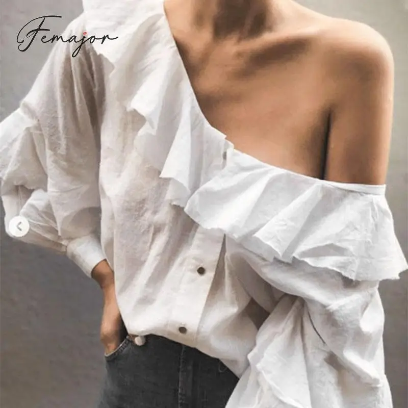 

Femajor Women White Tops and Blouse Female 2019 Autumn Winter Fashion Ruffle Off Shoulder Long Sleeve Shirt Mujer Lantern Sleeve