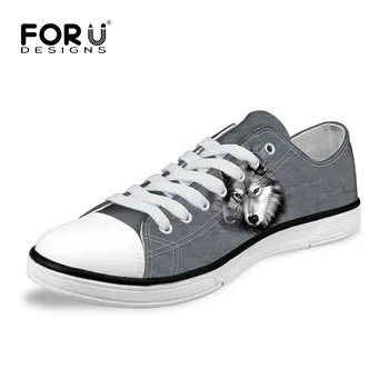

FORUDESIGNS New 2017 Fashion Men's Low Style Vulcanized Shoes 3D Animals Grey Husky Printed Men Canvas Shoes Casual Man Flats