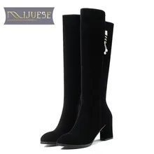 MLJUESE/ г. женские сапоги до колена зимние сапоги из флока высокие сапоги черного цвета из плюша с круглым носком без застежки с металлическим украшением размер 40