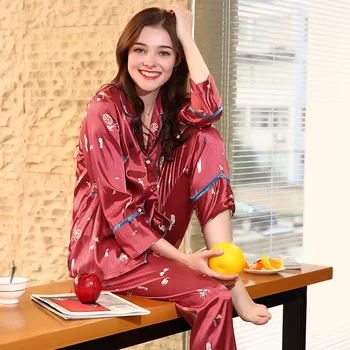 

Silk Women Lingerie Turn-down Collar Pajamas Set with Long Pants Long Sleeve Homewear Sleep Wear Night Suit