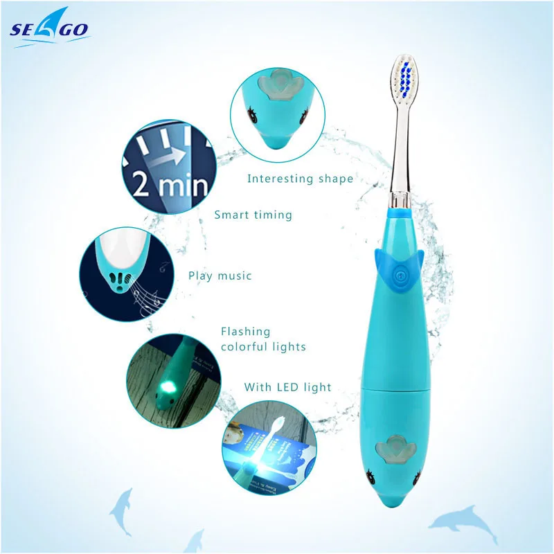 

Hot Ultrasonic Electric Toothbrush Cartoon Dolphin children Tooth brushes With 2 Replaceable Brush Heads escova de dente eletric