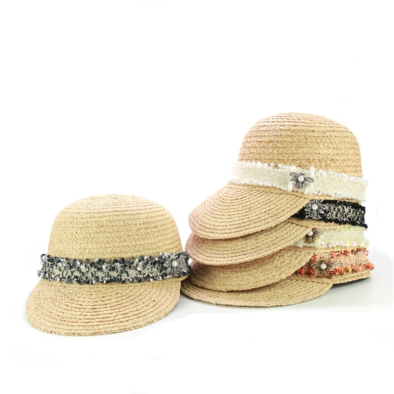 New Design Tweed Belt Raffia Baseball Caps Fashion Women Beach Hats With Bee Female Summer Straw Sun Visor Caps Wholesale