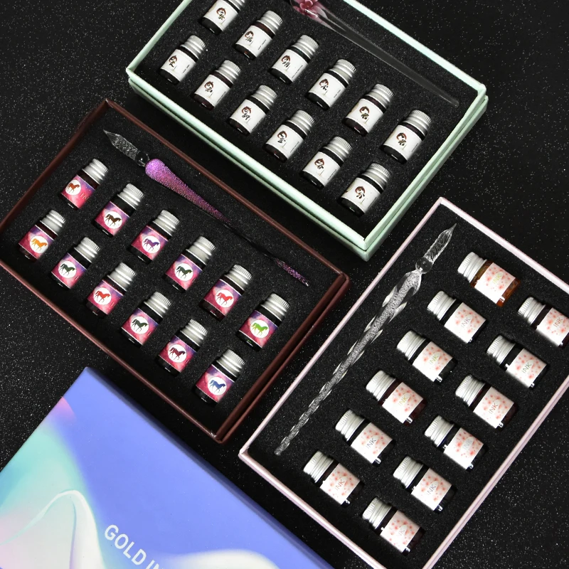 Günstig JUGAL Stern Glas Stift Tinte Set Student mit Transparent Emaille Stift Geschenk Box Handgemachte Kristall Brunnen Stift Tinte Büro Kunst liefert