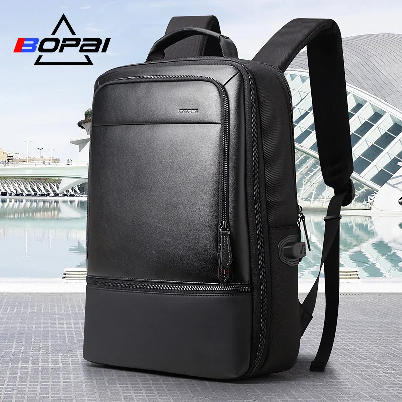 

BOPAI Fashion Business Men Daypack Backpack Cool Student Schoolbag Backpacks for Boys Black Leather 17 Inch Laptop Backpack