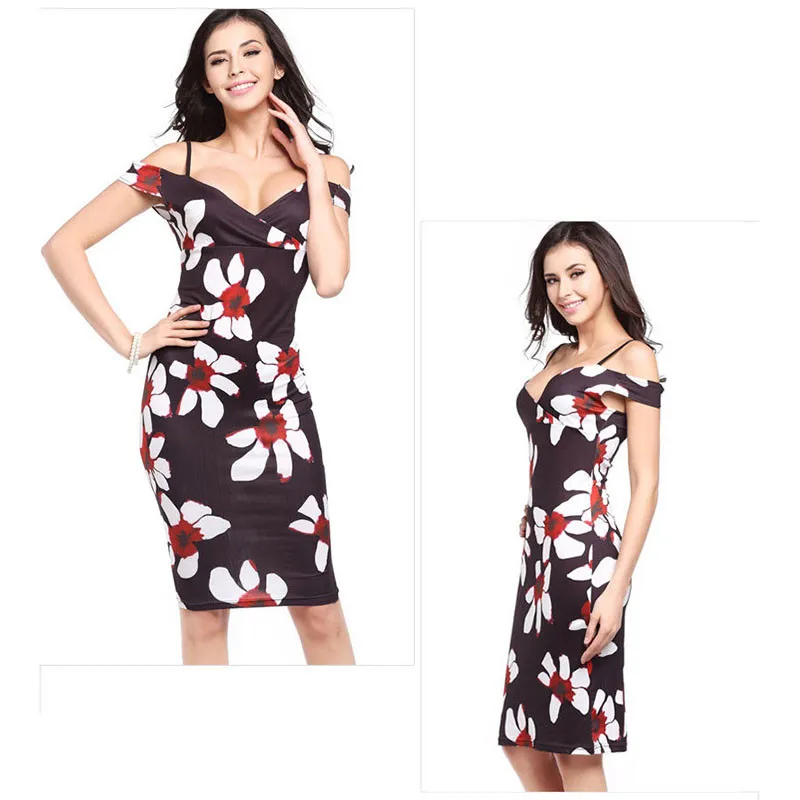 Ahmagen New Fashion Spaghetti Strap Dress Off Shoulder High Waist Printed Women Dress Sexy Elastic Bodycon Pencil Party Dresses18