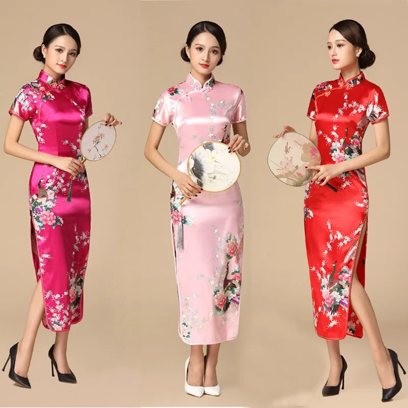 Floral&Peacock Women Traditional Chinese Dress Vintage Mandarin Collar Qipao Oversize Long Slim Cheongsam 3XL 4XL 5XL 6XL
