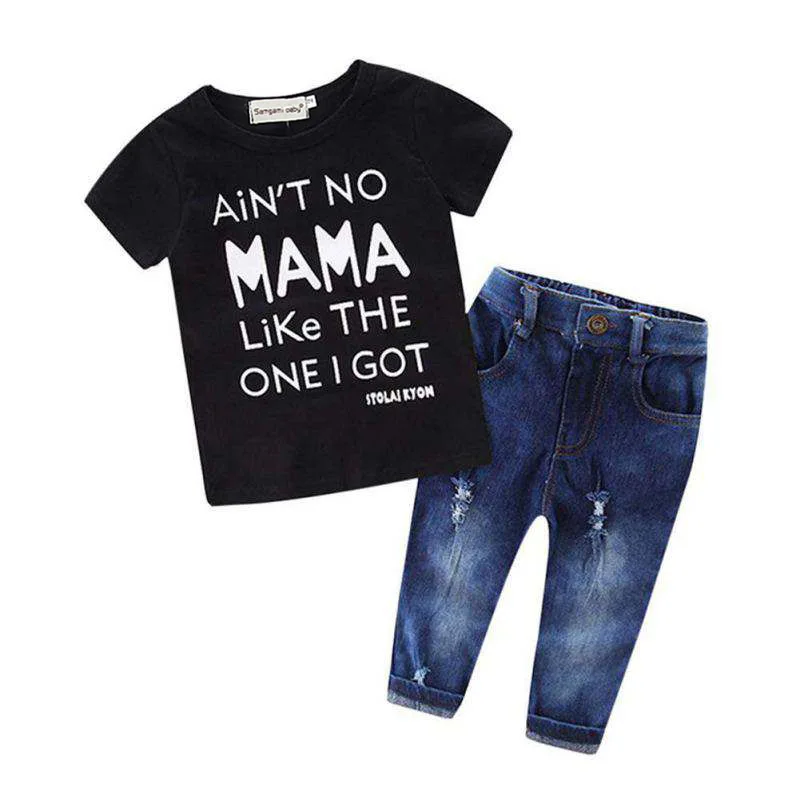 Из 2 предметов одежда для маленьких мальчиков Дети Письмо печати короткий рукав Футболка черный топ + джинсовые штаны комплект одежды